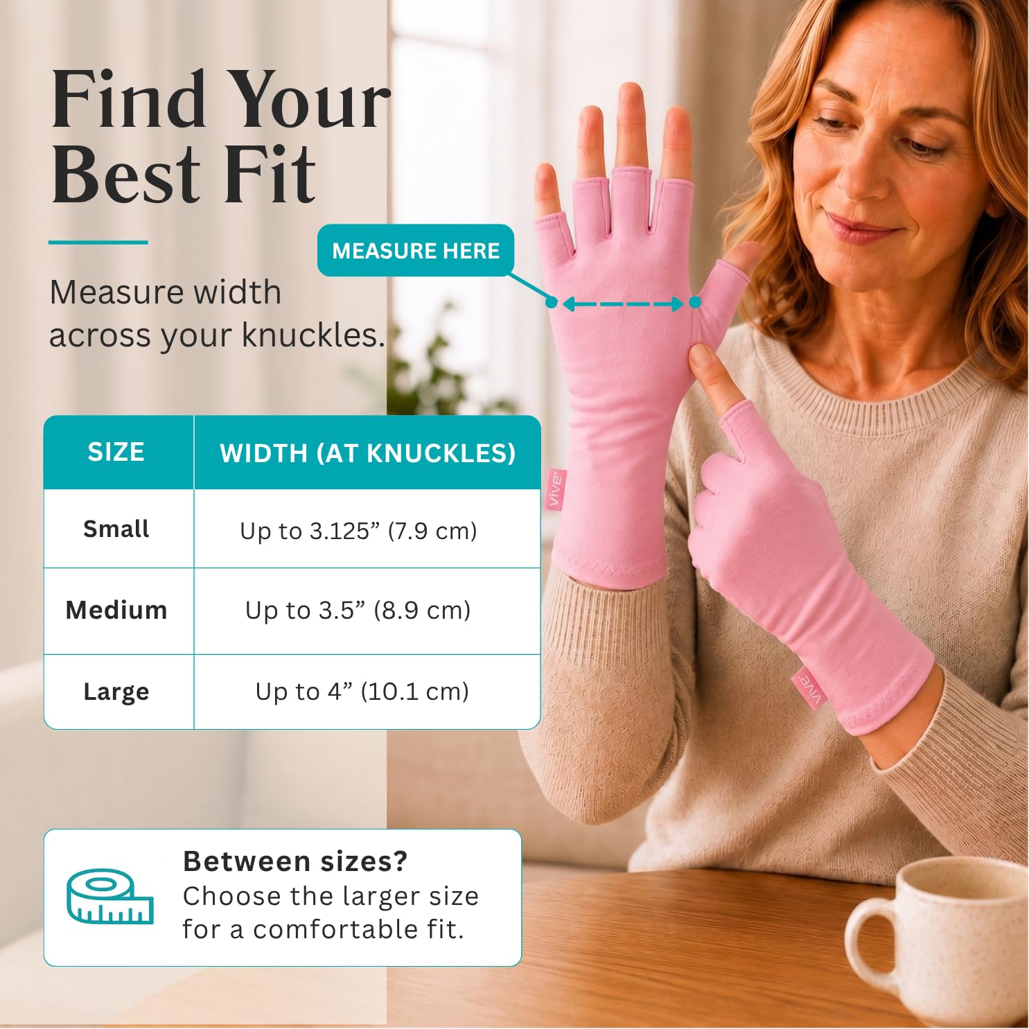 Vive guantes etiqueta con composición de material y facilidad de cuidado