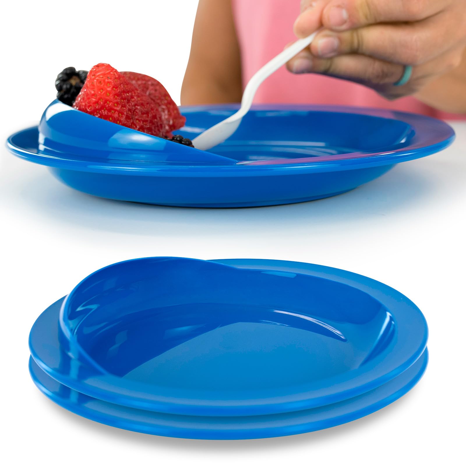 Vive plato frontal mostrando borde alto y diseño estable para comer con confianza