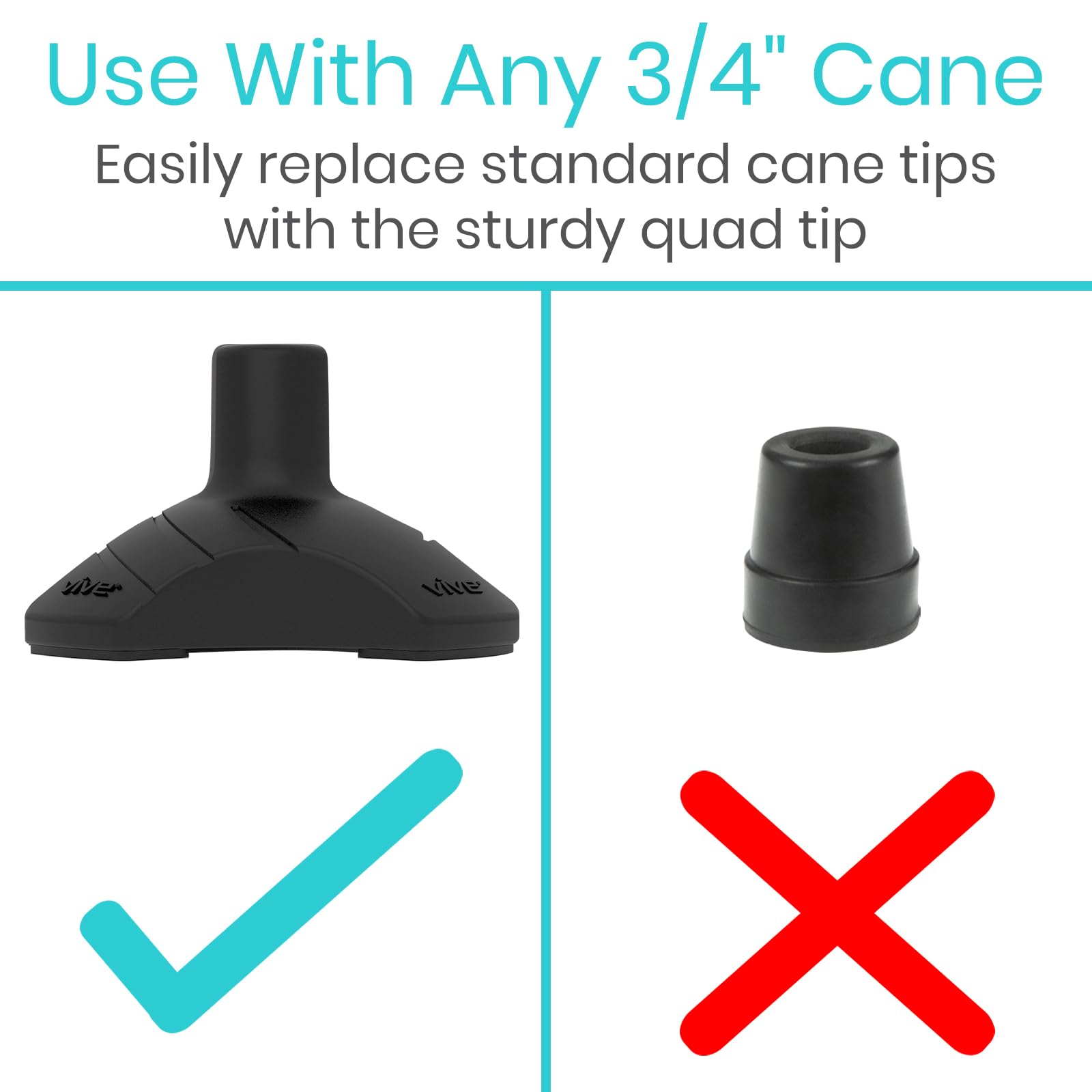Vive punta cuádruple en uso con un bastón junto a una silla para fácil recogida