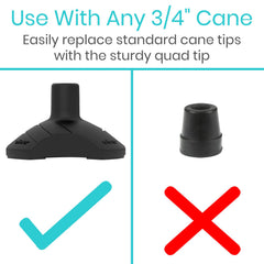 Vive punta cuádruple en uso con un bastón junto a una silla para fácil recogida