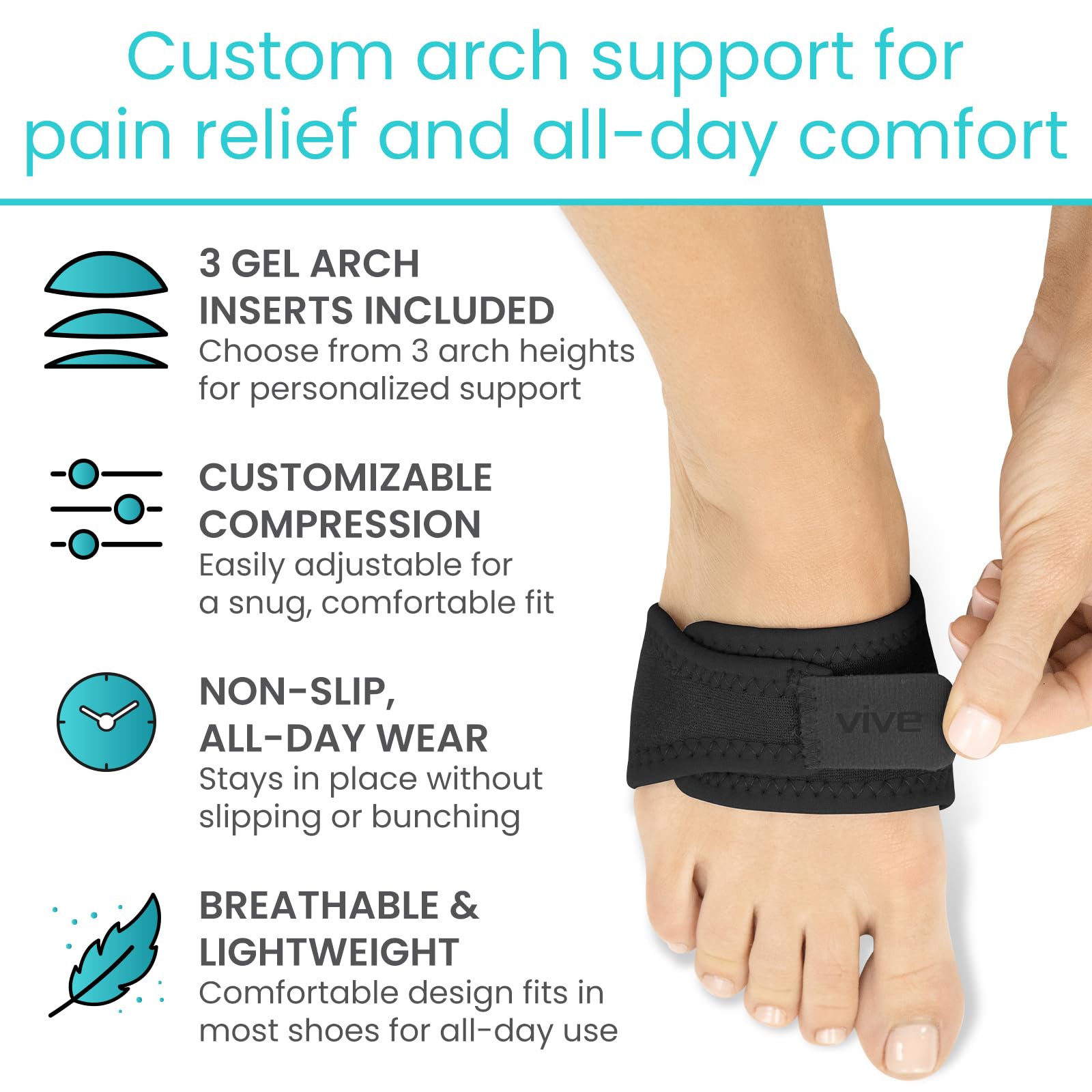 Vive soporte de arco vista lateral que demuestra perfil bajo y compatibilidad con zapatos