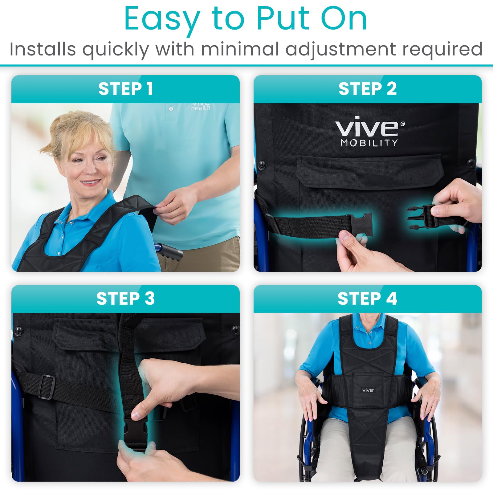 Vive arnés instalado en silla demostrando soporte estable