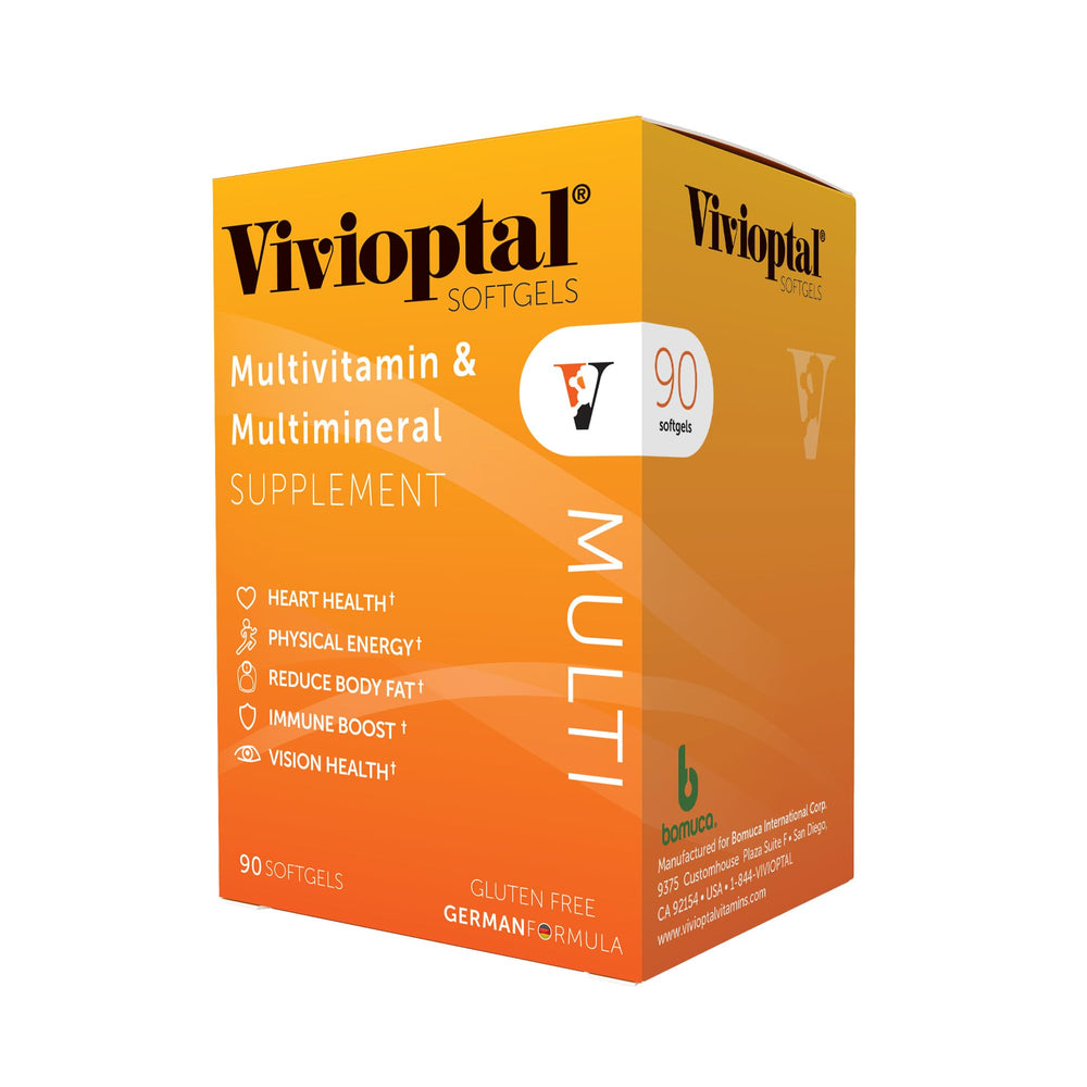 Vivioptal Vitamins envase frontal mostrando 90 softgels y beneficios diarios
