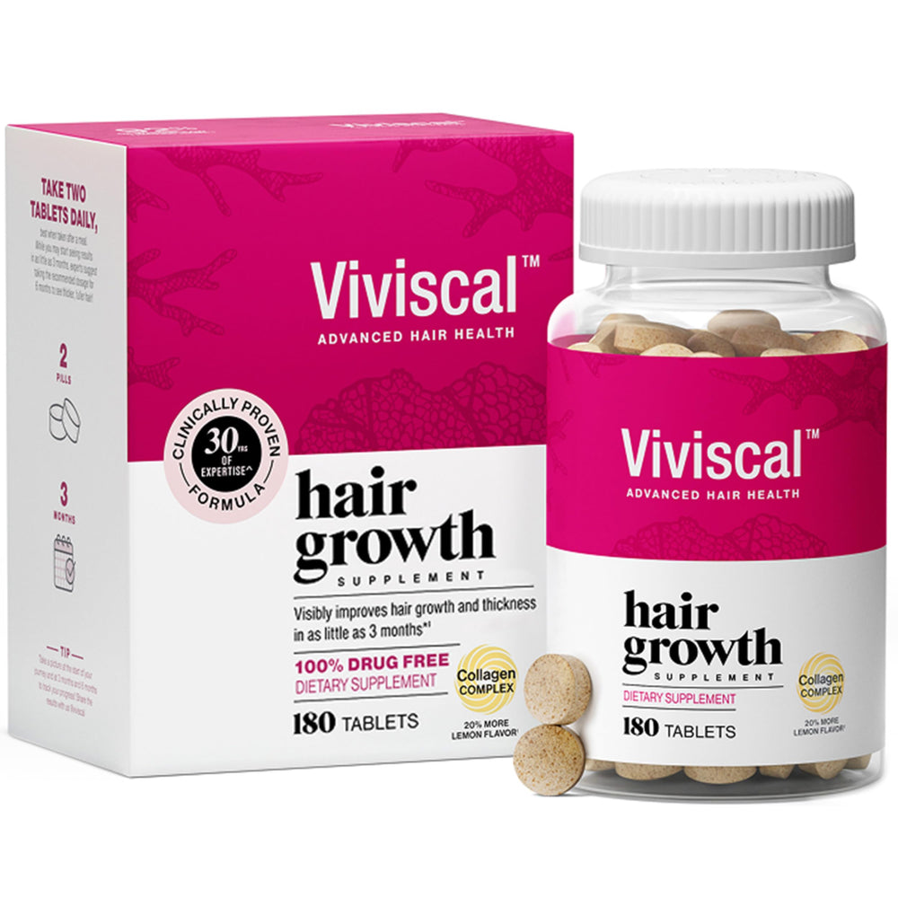 Viviscal frasco frente mostrando envase de 180 tabletas y soporte para 90 días