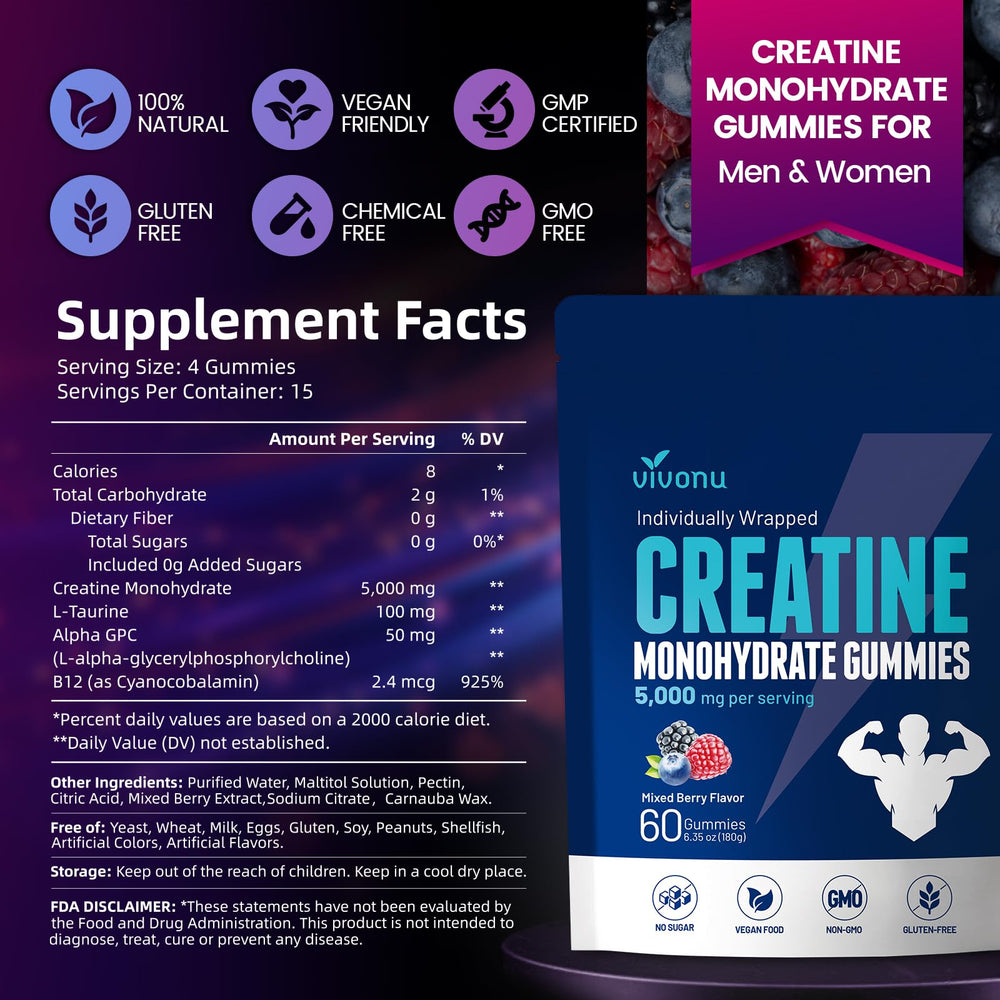 VivoNu Creatine Gummies, formato compacto para viajar al gimnasio.