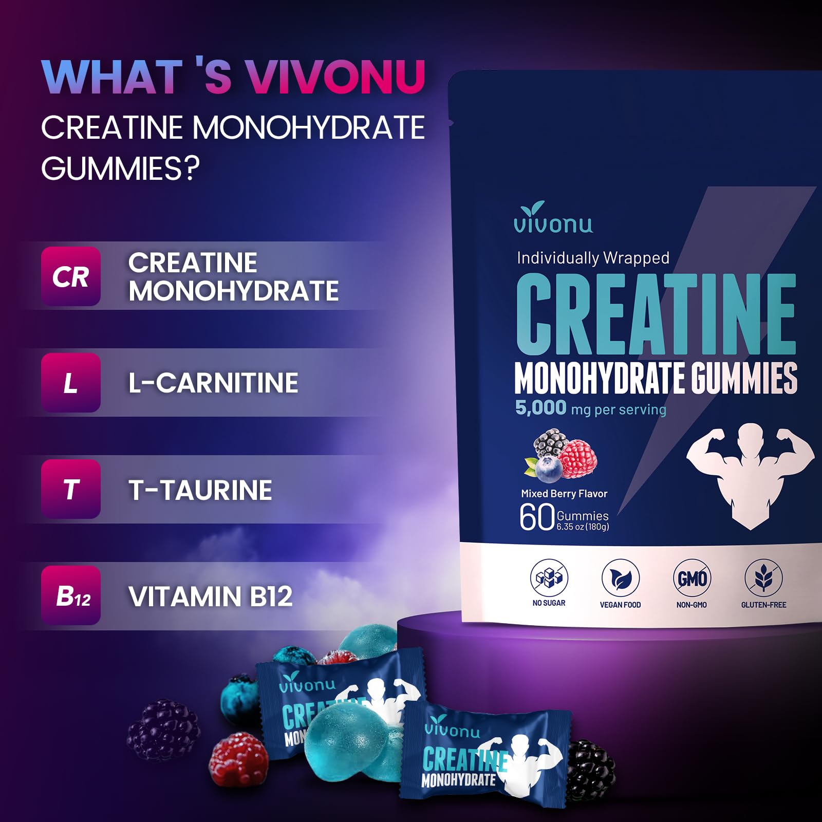 VivoNu Creatine Gummies, envase reutilizable para la vida activa.