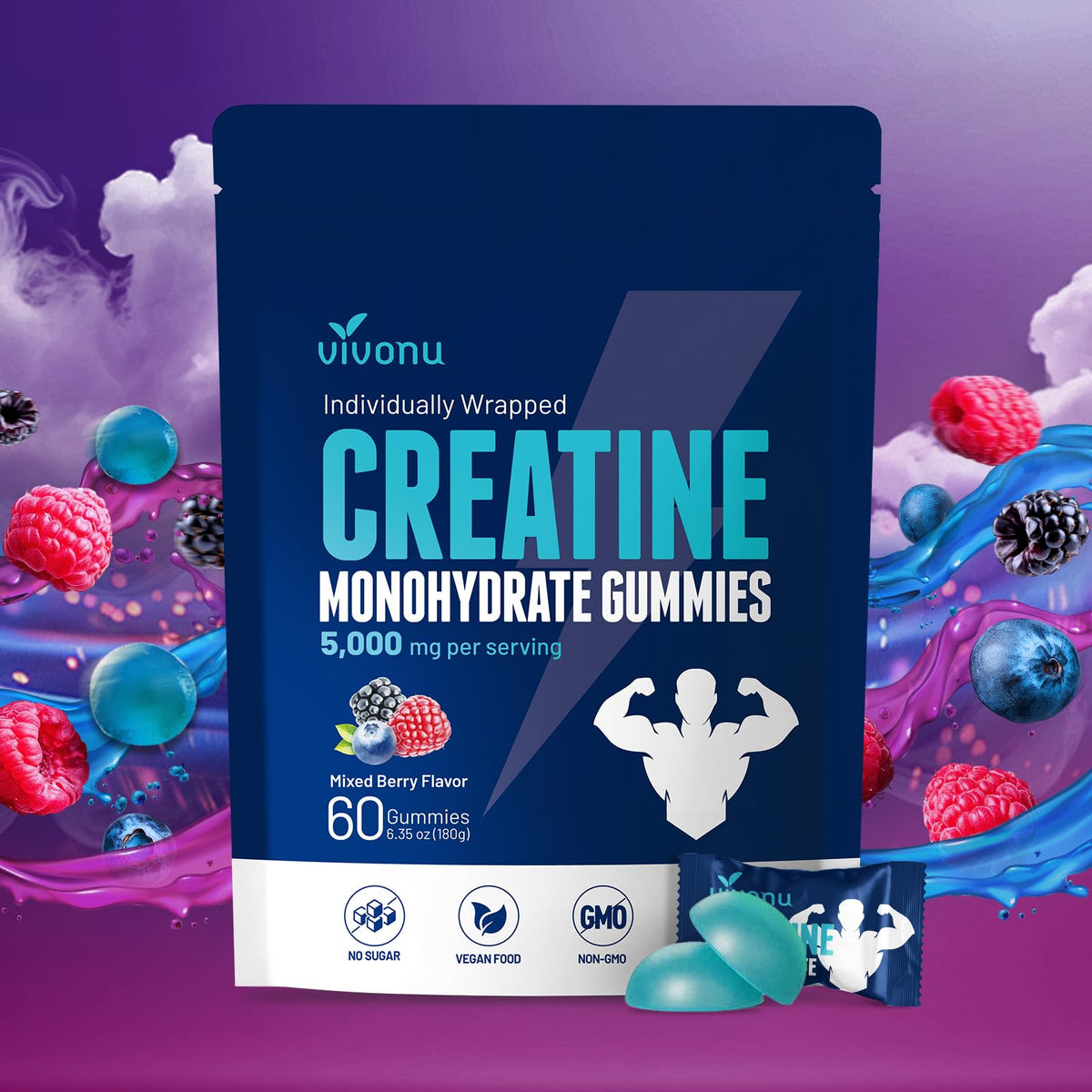 VivoNu Creatine Gummies, paquete portátil para energía durante el entrenamiento.