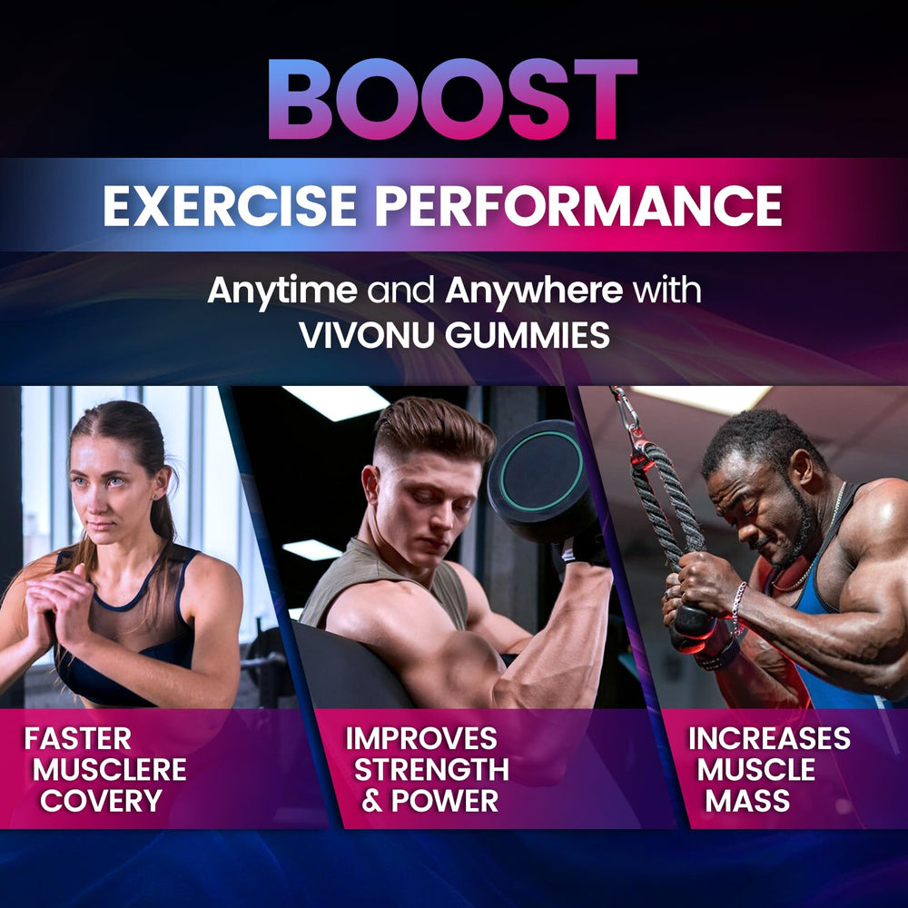 VivoNu Creatine Gummies, gomitas masticables para entrenar sin agua.