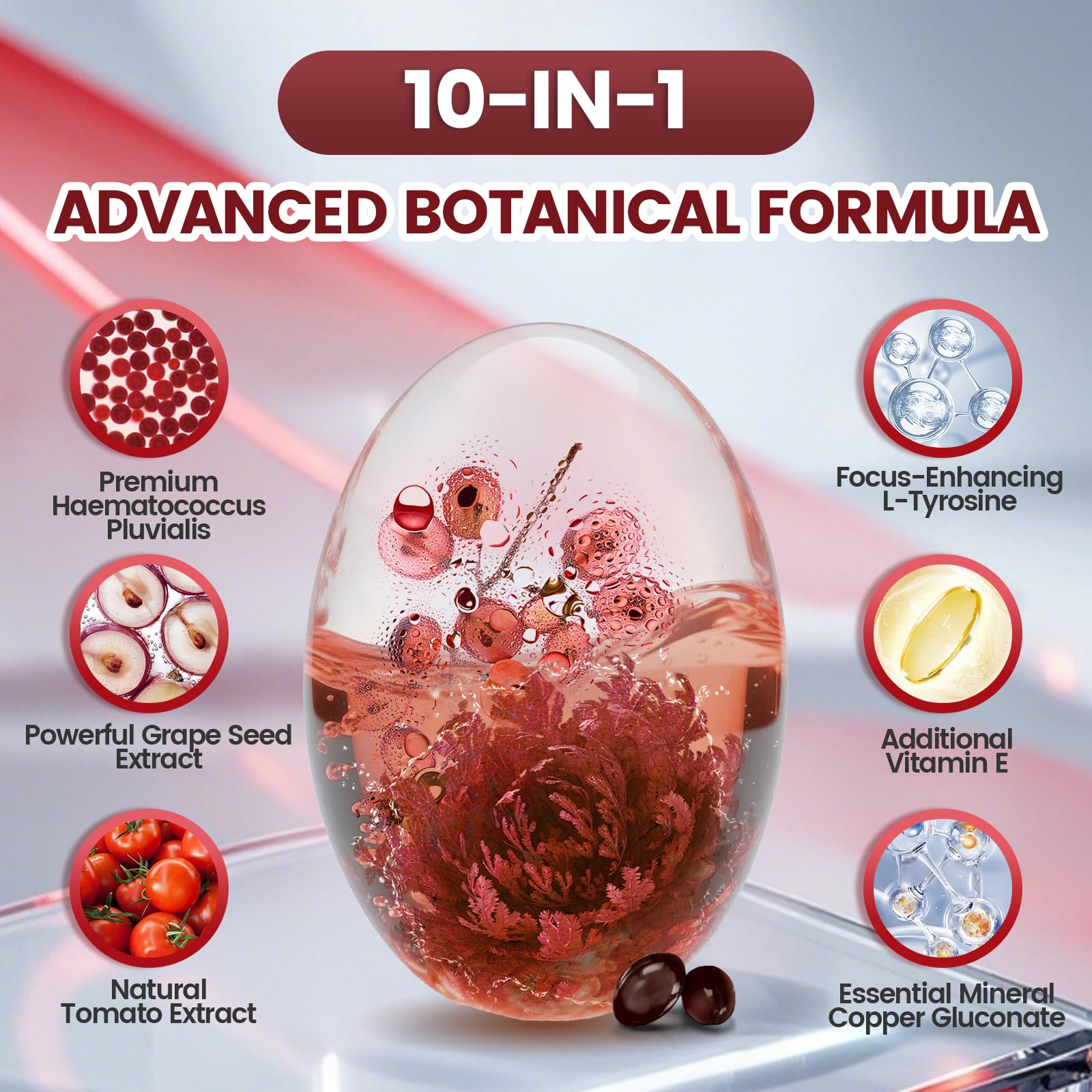 VivoNu etiqueta con lista de ingredientes clave y concentración de astaxantina 12 mg
