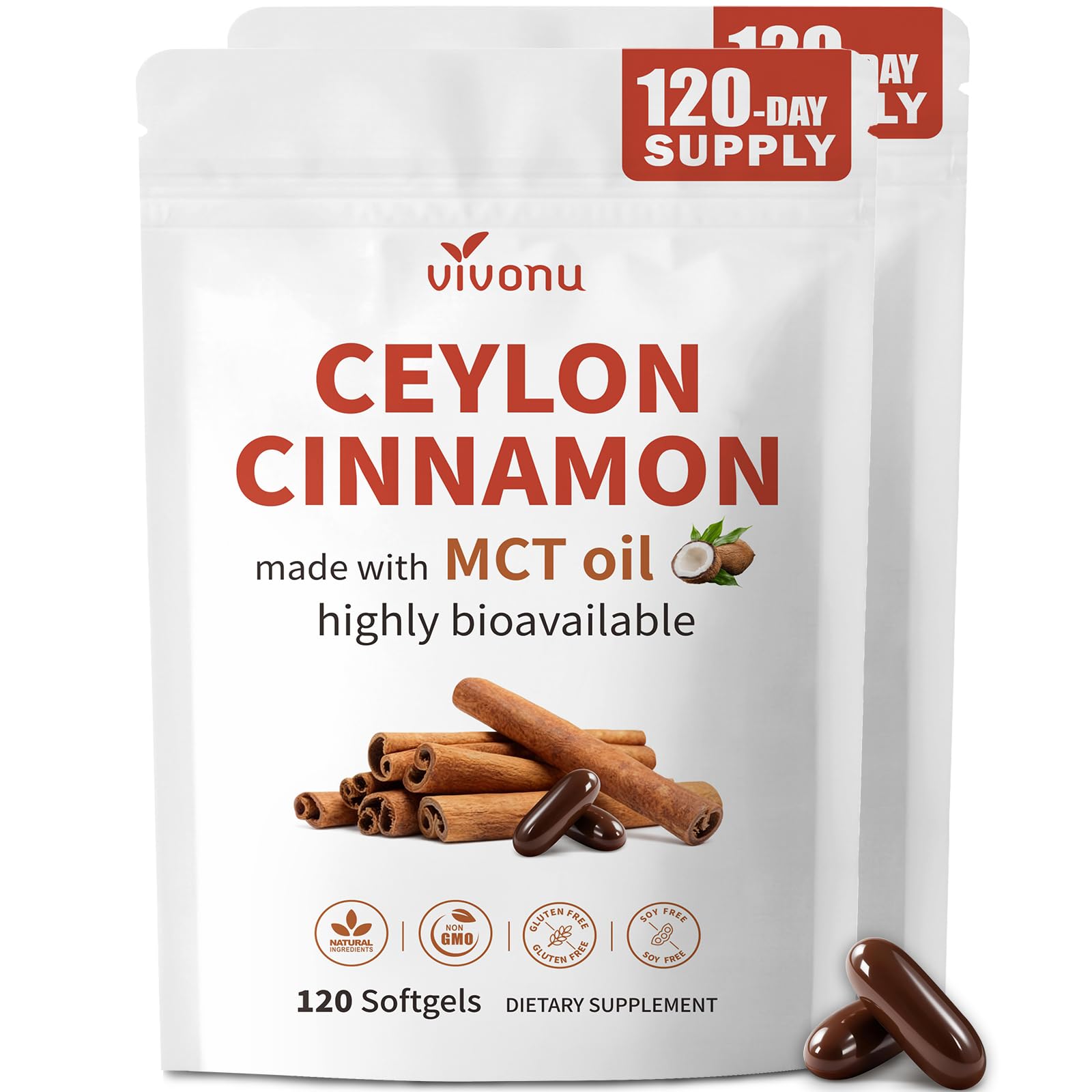 VivoNu empaque frontal mostrando 120 softgels por bolsa y beneficios claros