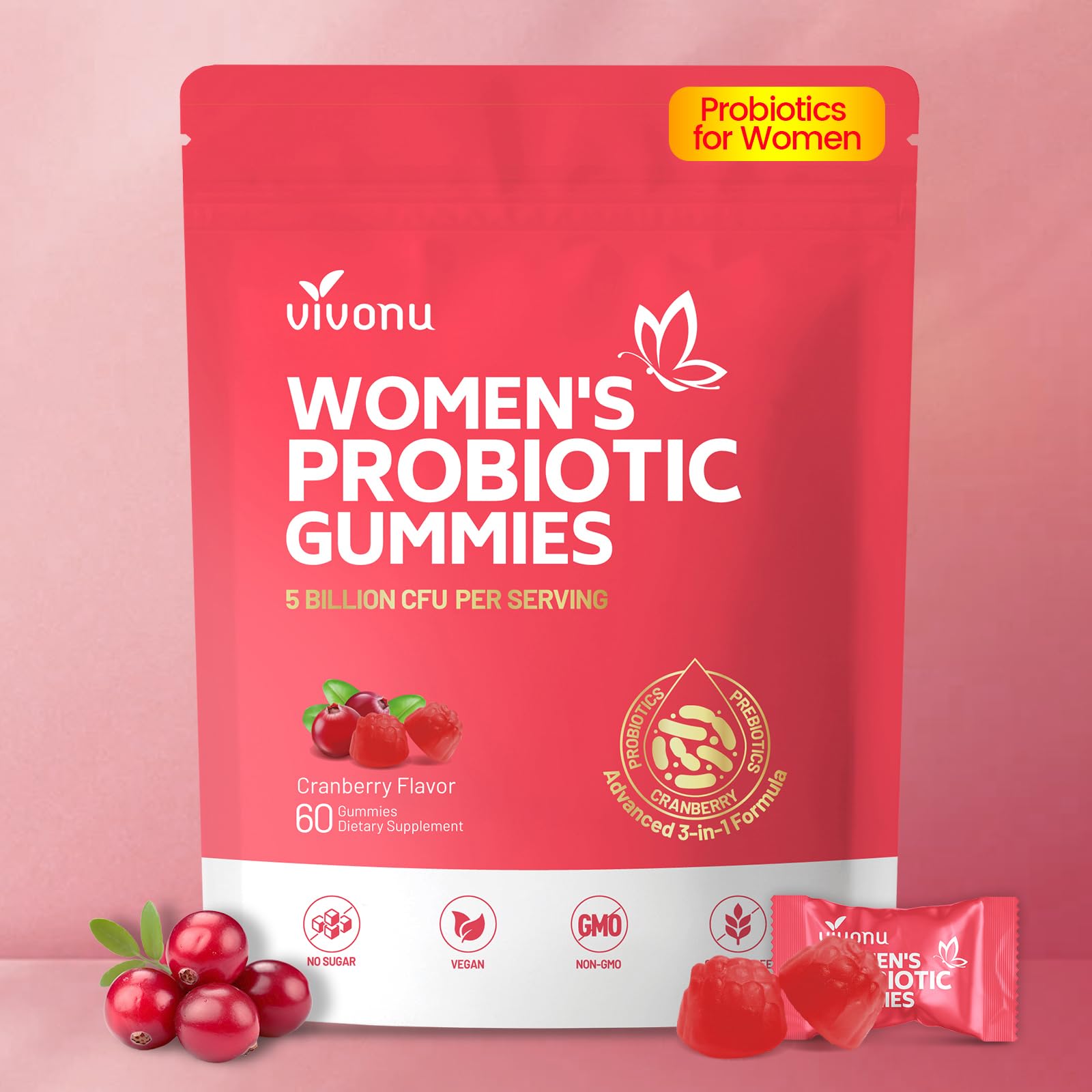 VivoNu envase frontal de gomitas probióticas femenino, presenta información clara