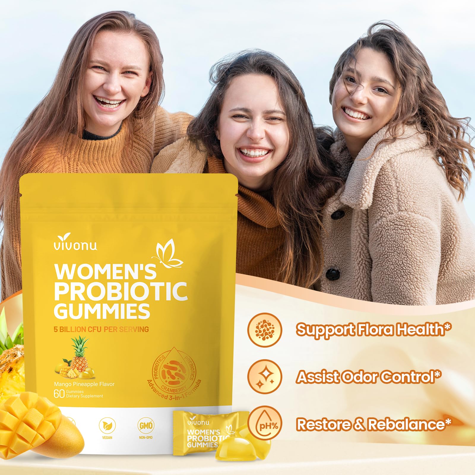 Gomitas VivoNu probiótico 100 mil millones CFU para microbiota.