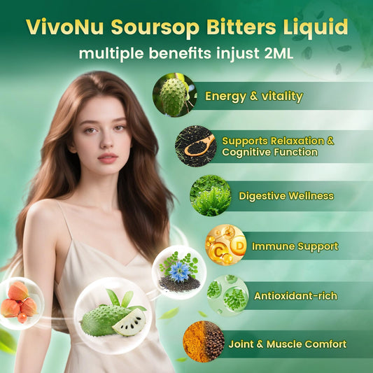 VivoNu Gotas Soursop, vertido cómodo para absorción rápida.