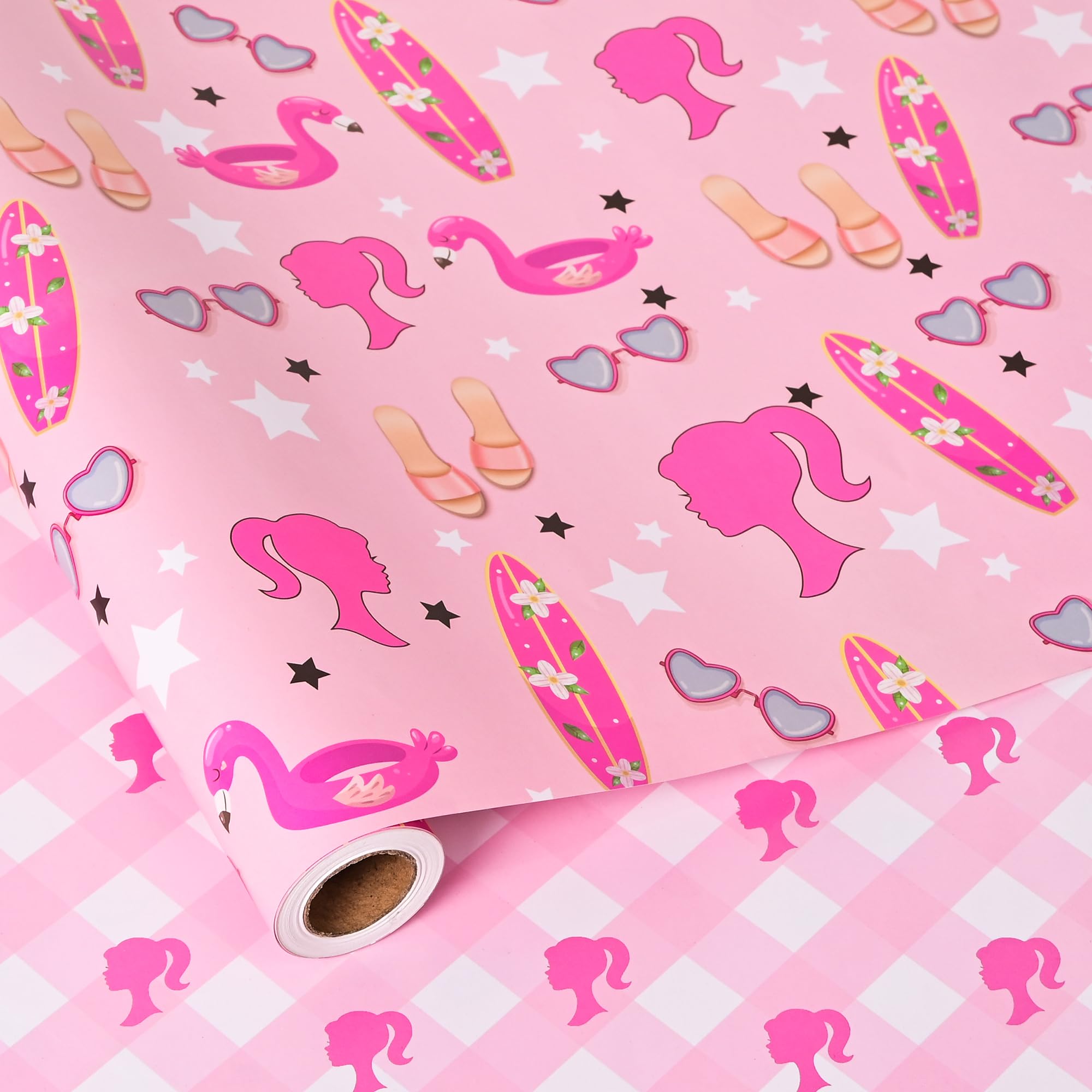 Vnaaem vista frontal del rollo rosa mostrando diseño princesa y estrellas, opción festiva