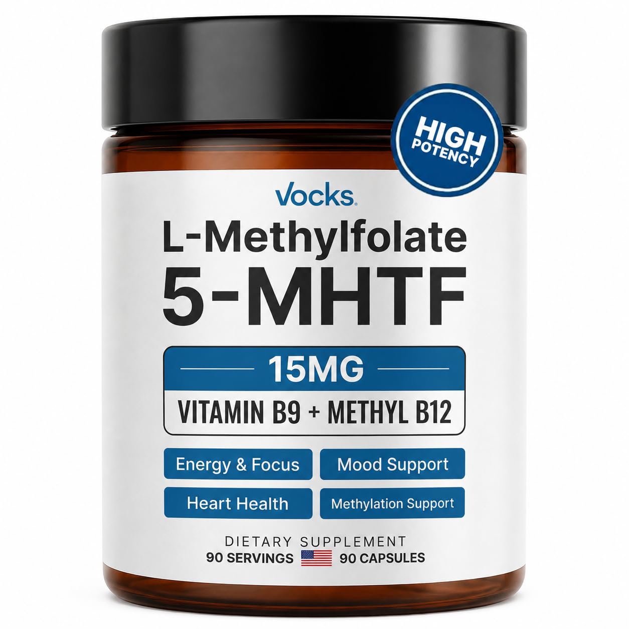 Vocks frasco frontal mostrando L‑Metilfolato 15mg y beneficios de alta potencia