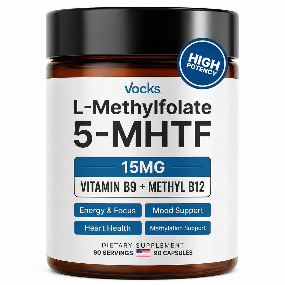 Vocks frasco frontal mostrando L‑Metilfolato 15mg y beneficios de alta potencia