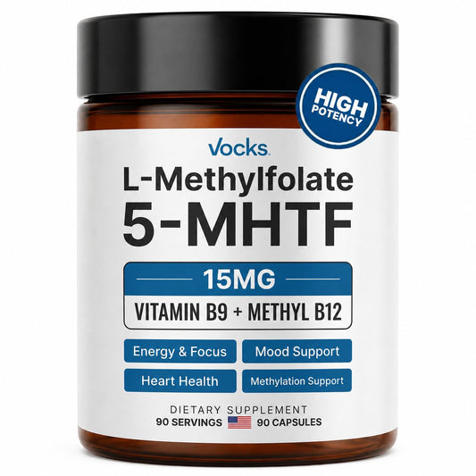 Vocks frasco frontal mostrando L‑Metilfolato 15mg y beneficios de alta potencia