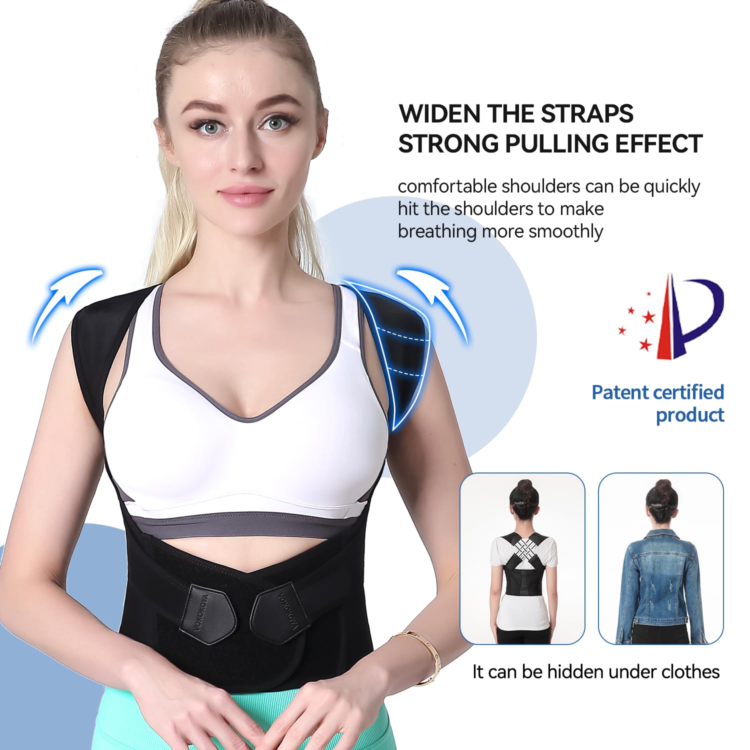 VOKOKOYA persona en oficina usando corrector para postura discreta