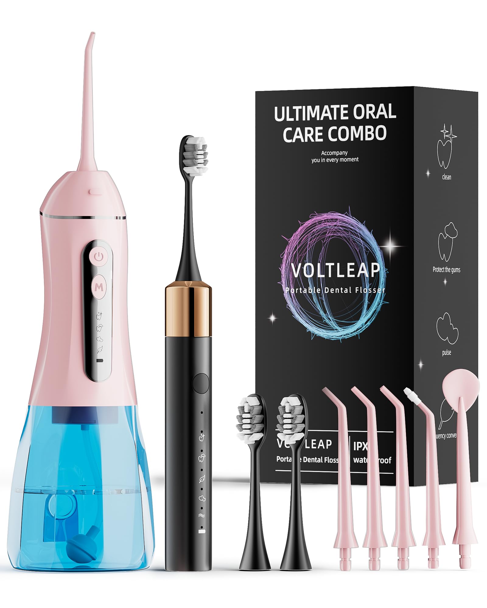 VOLTLEAP kit frontal mostrando cepillo e irrigador para higiene completa
