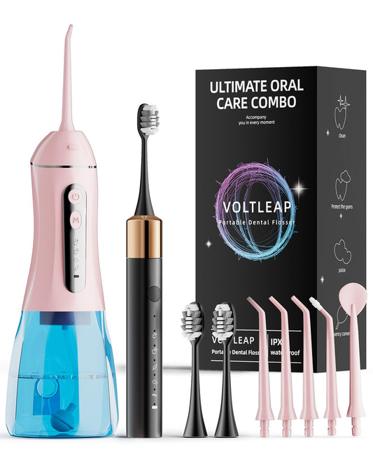 VOLTLEAP kit frontal mostrando cepillo e irrigador para higiene completa
