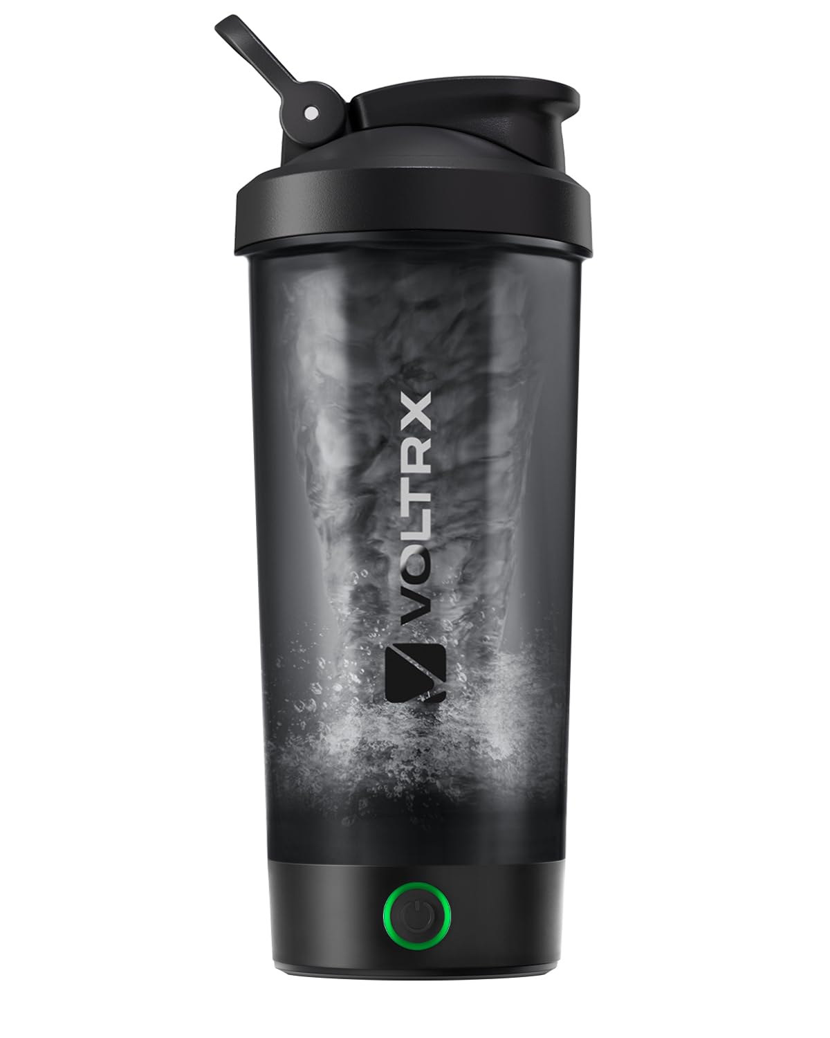 Botella VOLTRX vista frontal con tapa y capacidad 24oz, preparación rápida