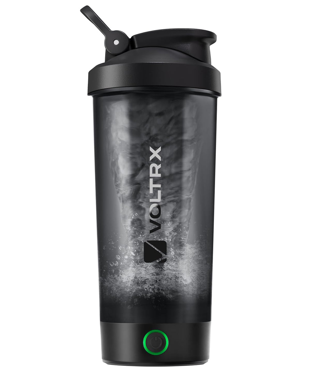 Botella VOLTRX vista frontal con tapa y capacidad 24oz, preparación rápida