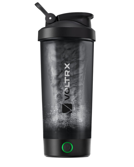 Botella VOLTRX vista frontal con tapa y capacidad 24oz, preparación rápida