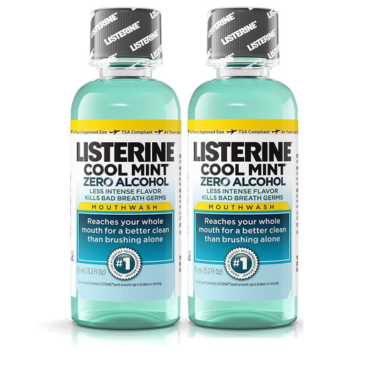 VOZRO Listerine frente del pack viaje mostrando botellas y frescor portable