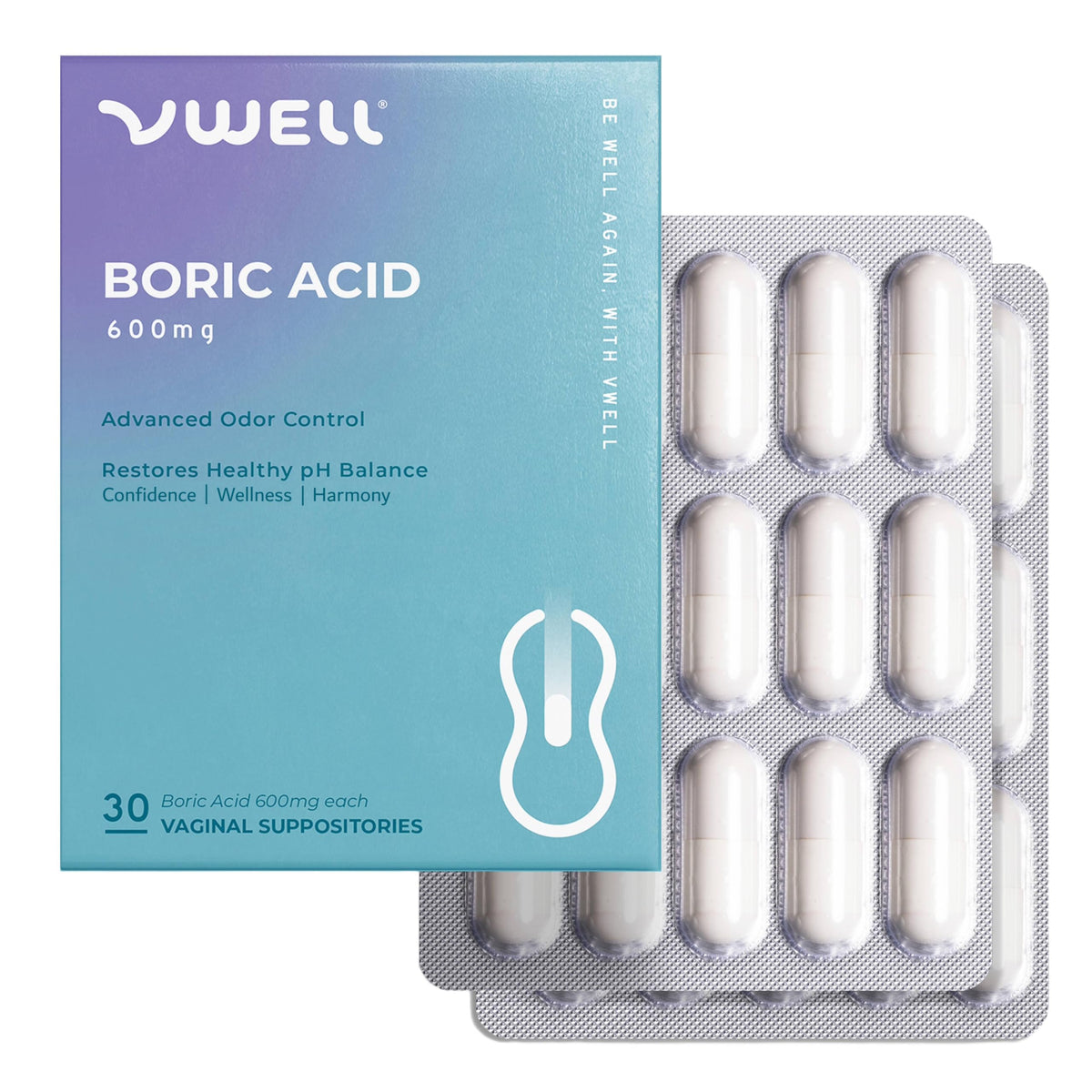 VWELL empaque frontal mostrando caja y beneficios para frescura íntima
