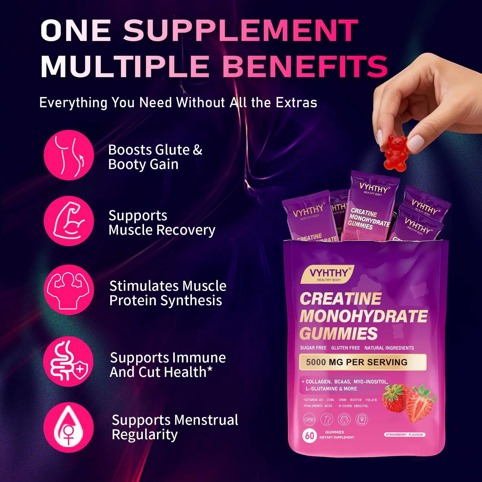 VYHTHY etiqueta con ingredientes clave destacando creatina y BCAA