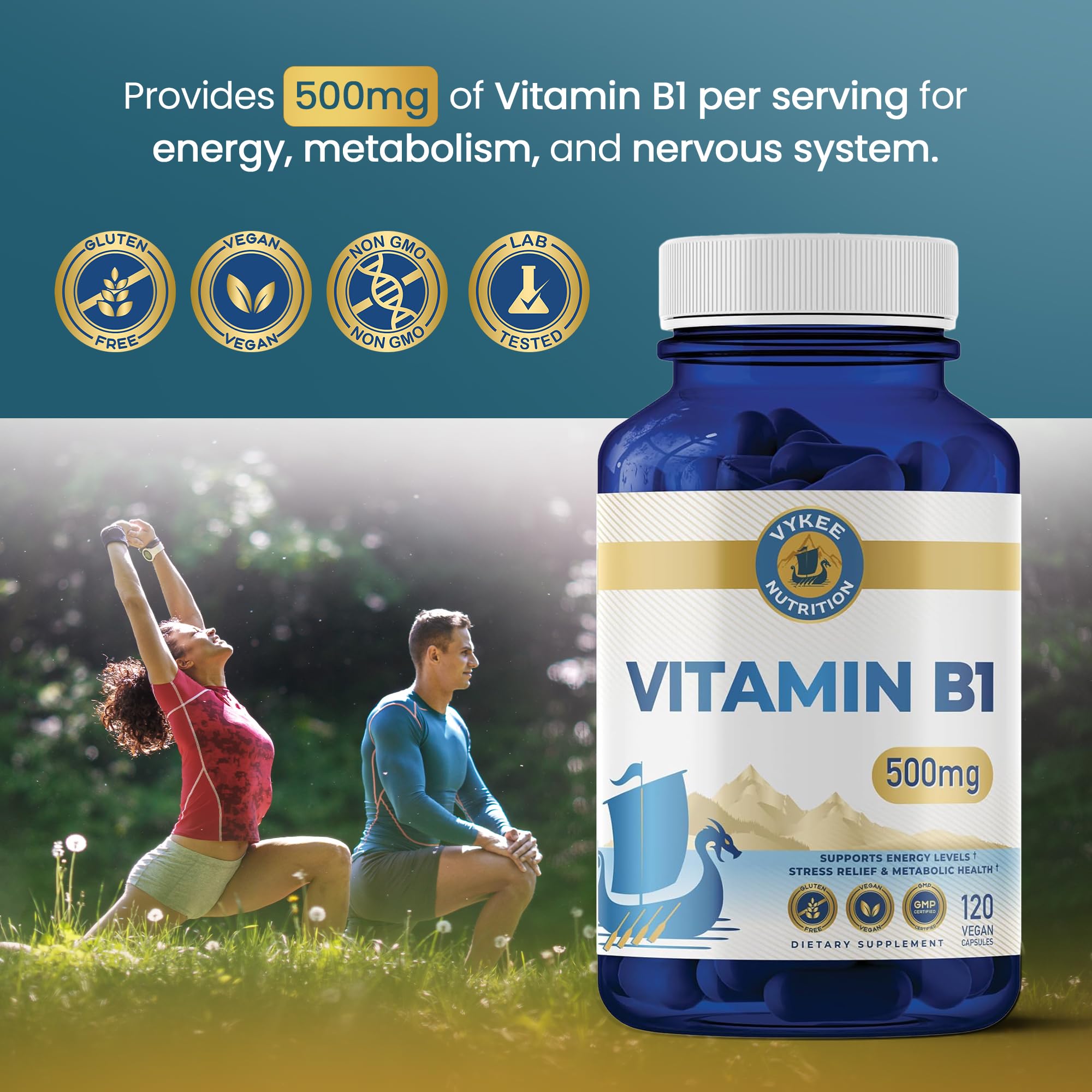 Etiqueta nutricional de Vykee Nutrition mostrando ingredientes y 500 mg