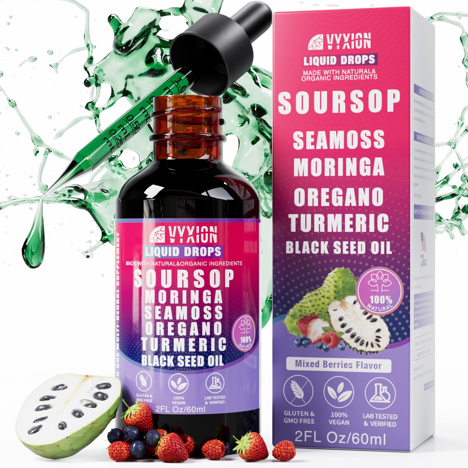 Vyxion soursop frente del envase mostrando diseño y tamaño práctico