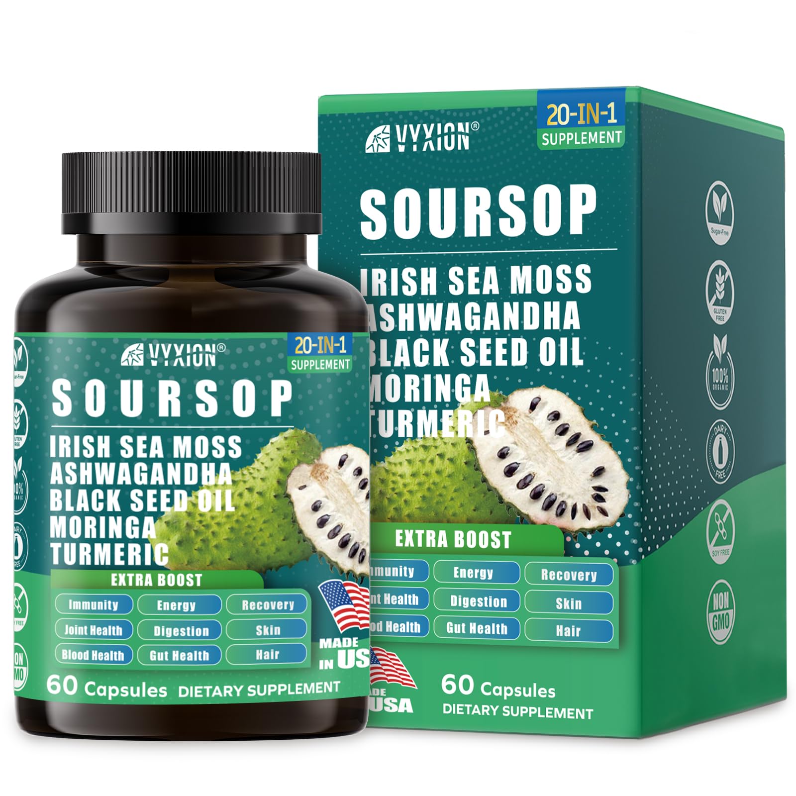Vyxion frontal del empaque mostrando producto y beneficios claros