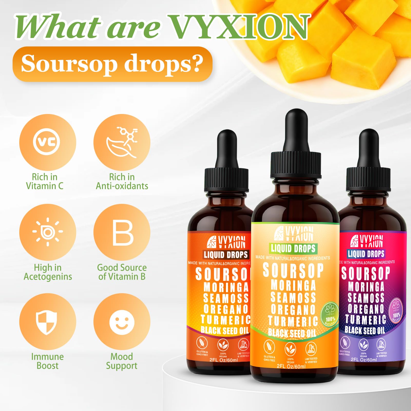 Vyxion líquido verde mango, muestra color y textura natural del producto