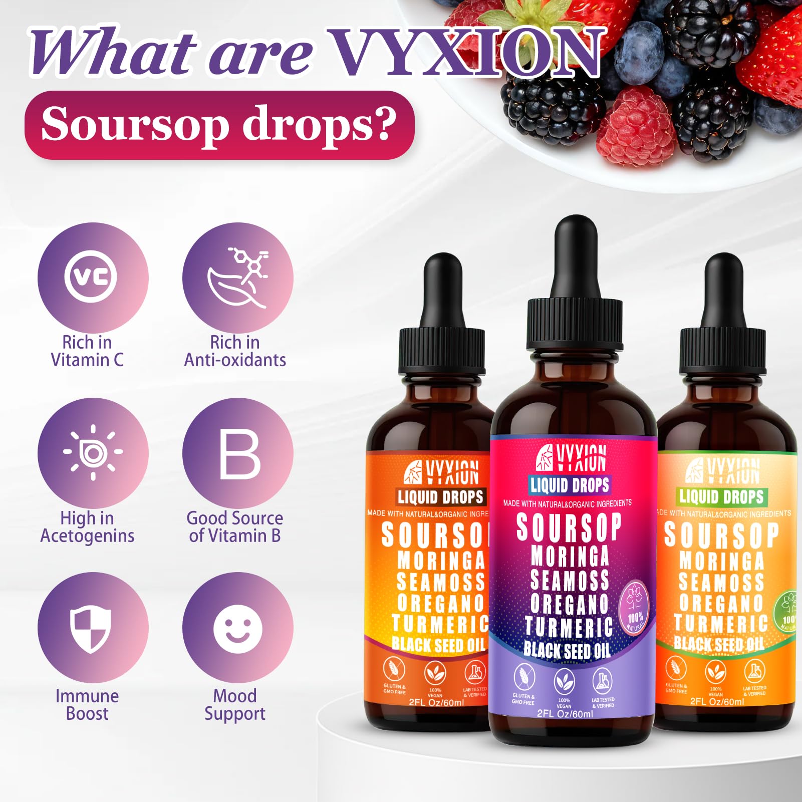 Vyxion soursop añadiendo gotas a un batido para integración fácil