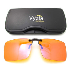 Vyzia vista frontal del clip-on mostrando diseño y beneficio de bloqueo visual