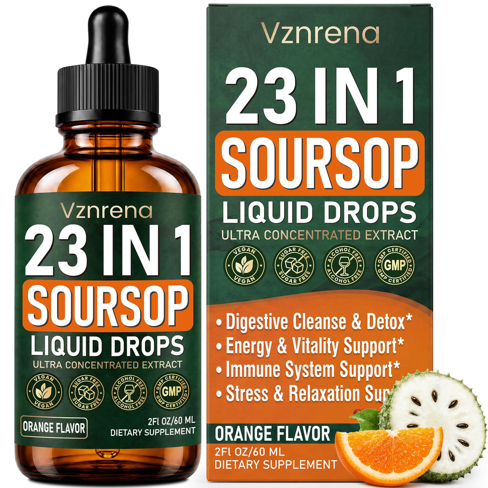 Vznrena frasco frontal de Soursop Bitters con etiqueta clara y beneficio digestivo