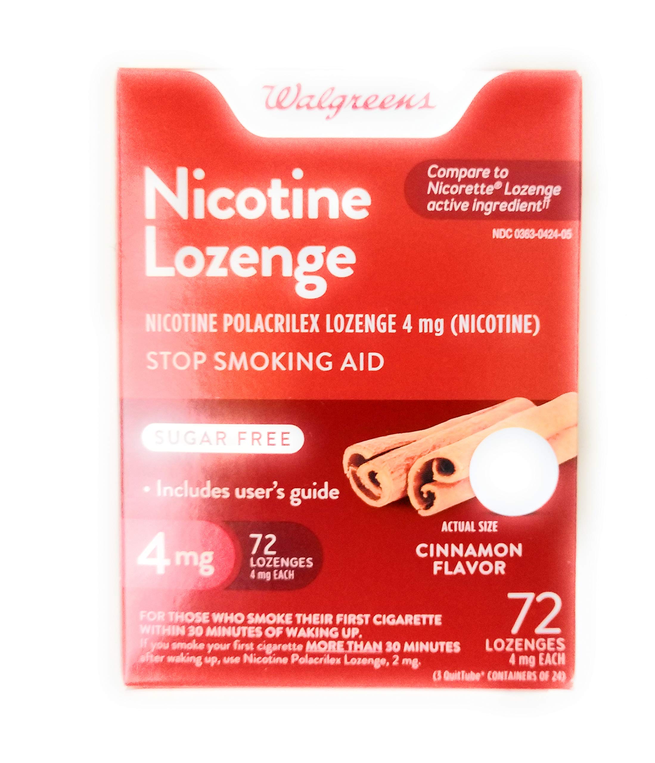 Walgreens empaque frontal 72 pastillas mostrando dosis y sabor canela, facilita planificación