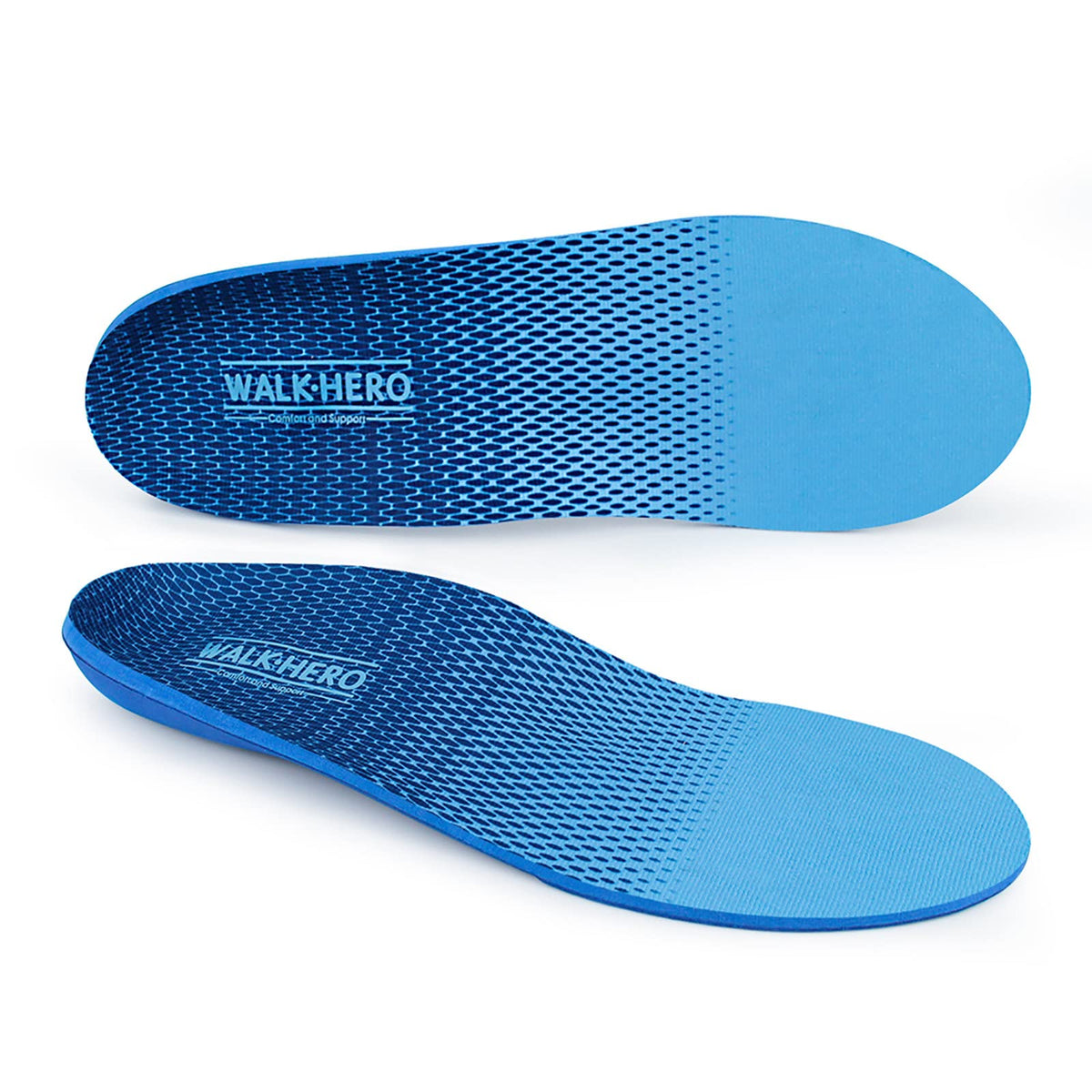 WALK·HERO vista frontal del par de plantillas con diseño y logo, soporte visual claro