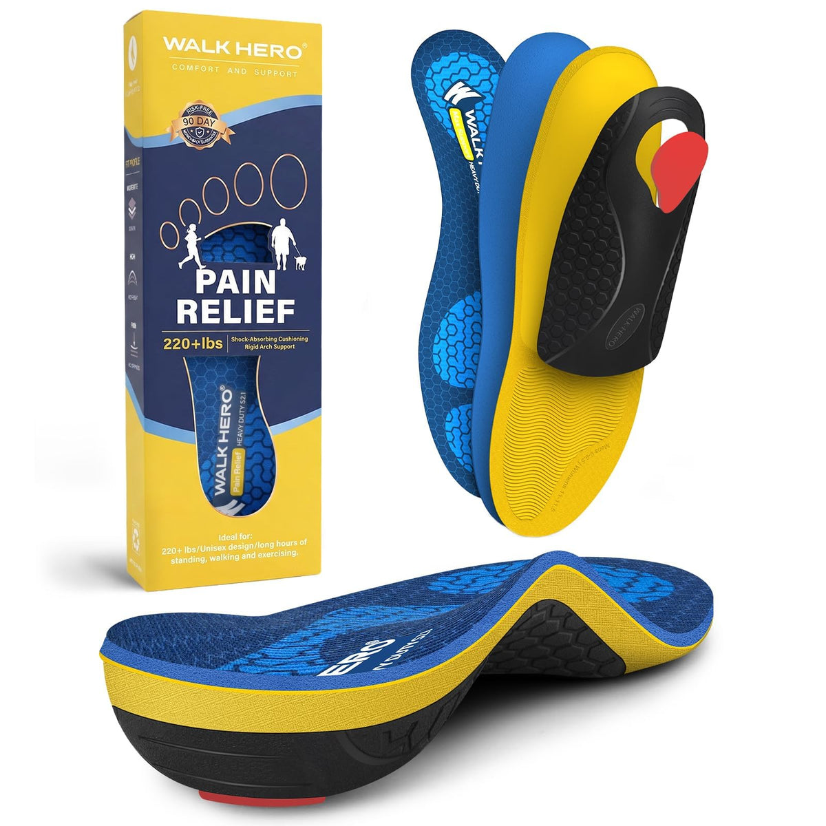 WalkHero vista frontal del empaquetado mostrando plantillas y beneficios de soporte