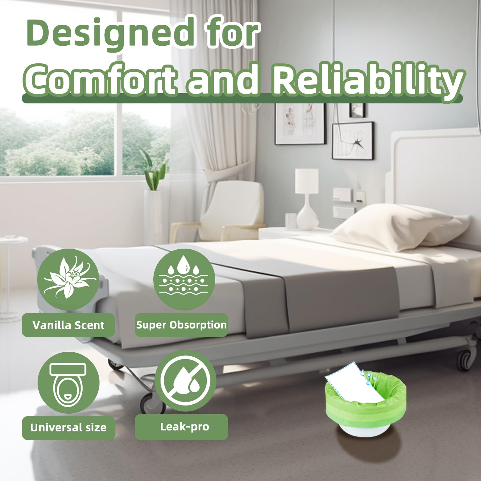 W&Y bolsa instalada en commode portátil usada por persona en silla de ruedas