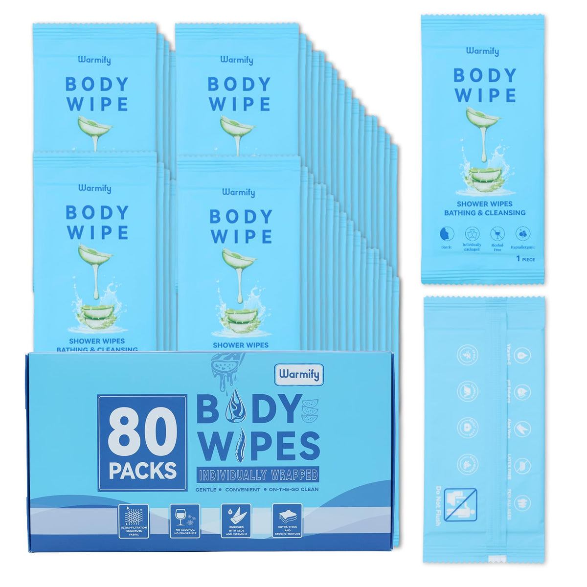 Warmify paquete frontal mostrando 80 toallitas, almacenamiento compacto y práctico