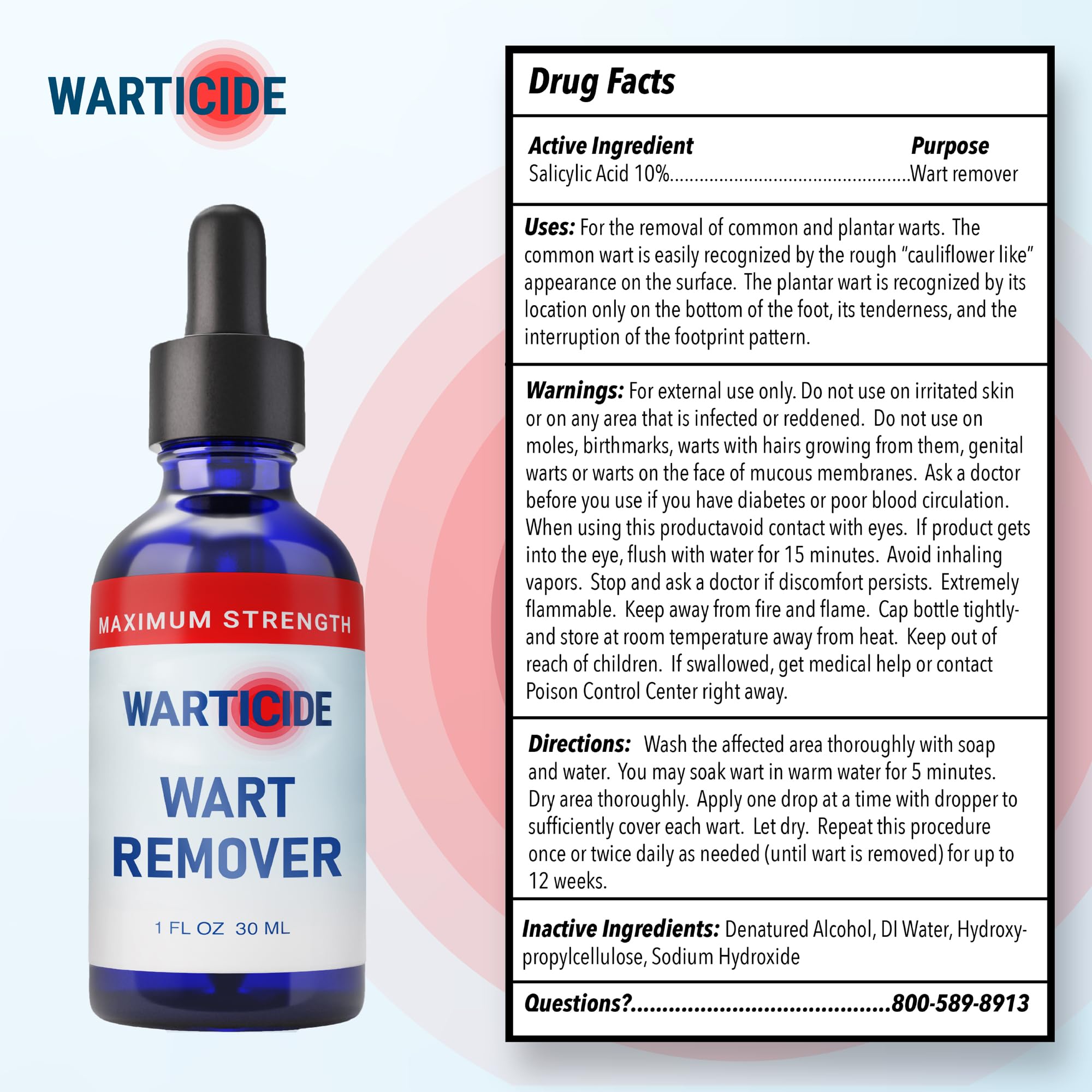 Warticide etiqueta con ingredientes destacando ácido salicílico y aceites naturales