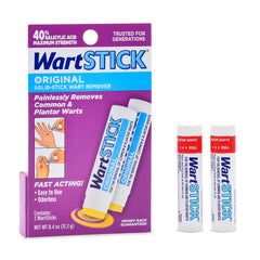 WartStick envase frontal mostrando aplicador sólido y beneficio de aplicación precisa