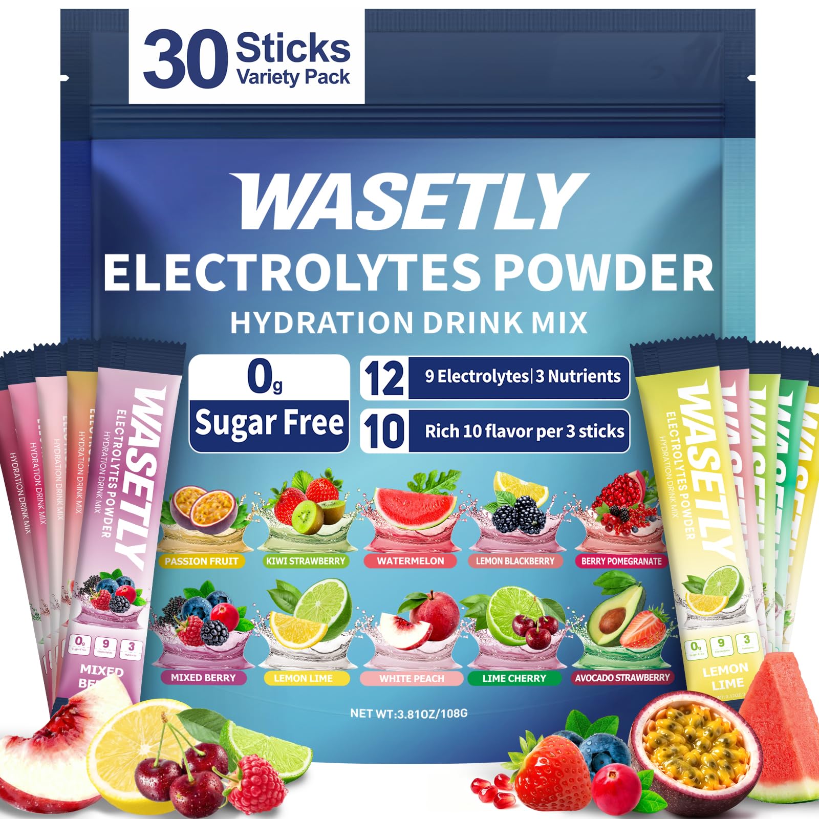 WASETLY paquete frontal 30 sticks mostrando variedad de sabores y portabilidad