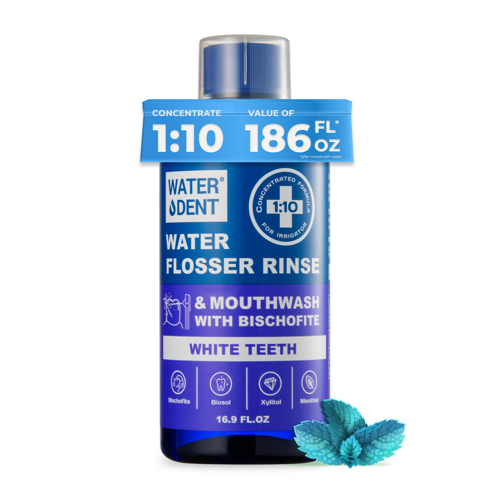 WATER DENT botella frontal mostrando etiqueta y volumen, para ahorro y compatibilidad