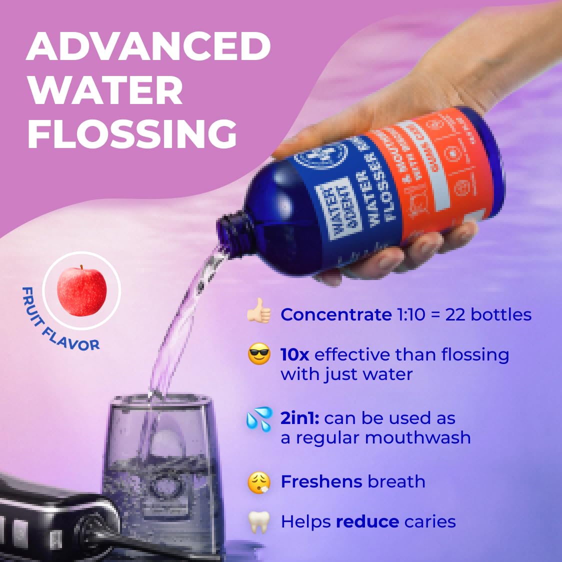 WATER DENT etiqueta con ingredientes clave visible para confianza en la fórmula