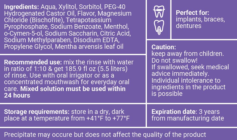 WATER DENT etiqueta en primer plano que detalla ingredientes clave y beneficios