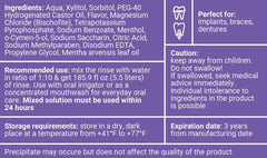 WATER DENT etiqueta en primer plano que detalla ingredientes clave y beneficios