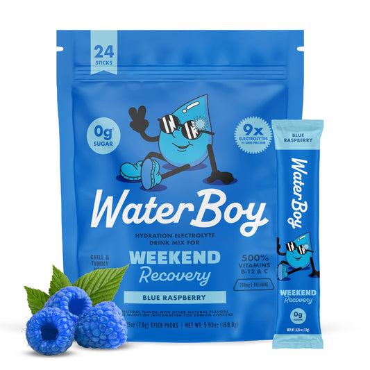Waterboy frente del paquete mostrando sabor frambuesa azul y conveniencia